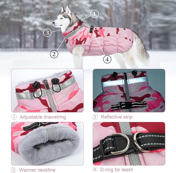 Lelepet Warm Dog Winter Coat Dog Coats for Small Dogs Waterproof Dogs Jacket with Harness Built in Reflective Cold Weather Coats Windproof Zip-Up Winter Fleece Vest Snowsuit Chihuahua Pink Camo
