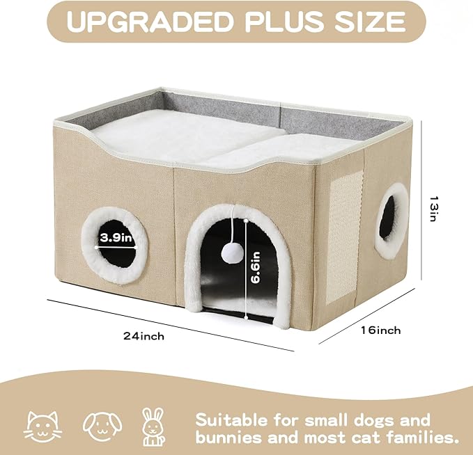 Large Cat Bed for Indoor Cats, Extra Wide Cat Cave House with Scratch Pad and Fluffy Ball, Foldable Cat Hideaway for Kitten Bed, Cat Condo for Cats (Khaki, X-Large)
