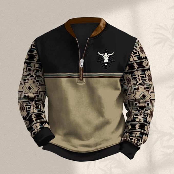HOTYD Aztec Cowboy Jacket Men Vintage Bullhorn Printed Oversized Western Sweatshirt Long Sleeve Quarter Zip Pullover