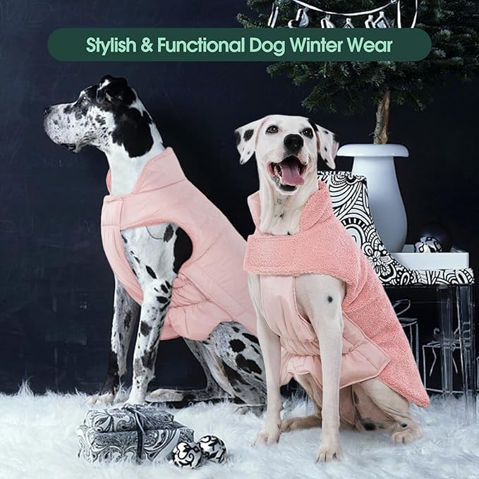 Kuoser Reversible Dog Coat – Warm Fleece & Quilted Waterproof Dog Jacket, Double-Sided Cold Weather Dogs Winter Coat with Harness Hole, Windproof Pet Snow Vest for Small Medium Large Dogs, Pink L