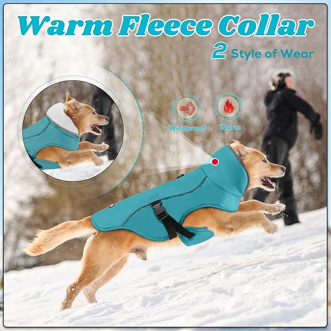 EMUST Dog Coat Winter, Waterproof Pet Snow Jacket for Winter, Adjustable Small/Medium/Large Dog Coat, Turquoise, L