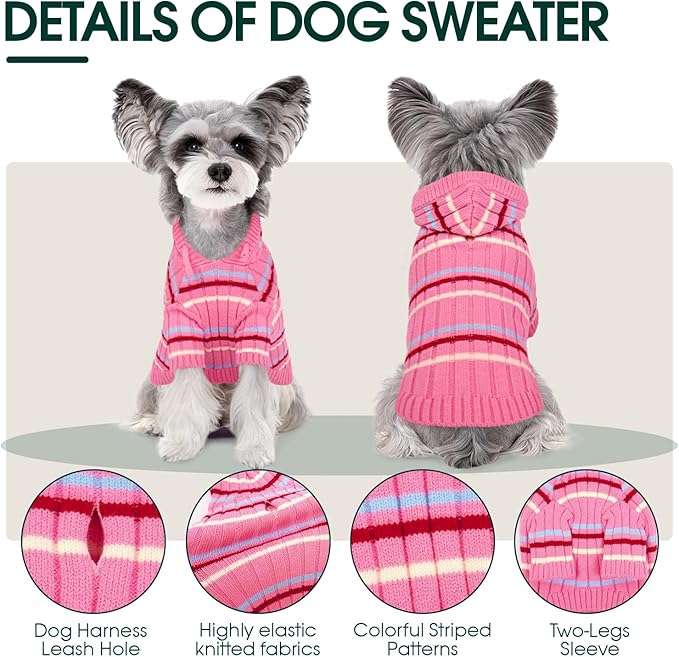 Kuoser XL Dog Sweater, Dog Sweaters for Large Dogs, Girl Boy Christmas Sweater, Striped Knitwear Big Dogs Winter Clothes, Cold Weather Warm Pet Sweatshirt for Golden Retriever, Labrador, Pink XL