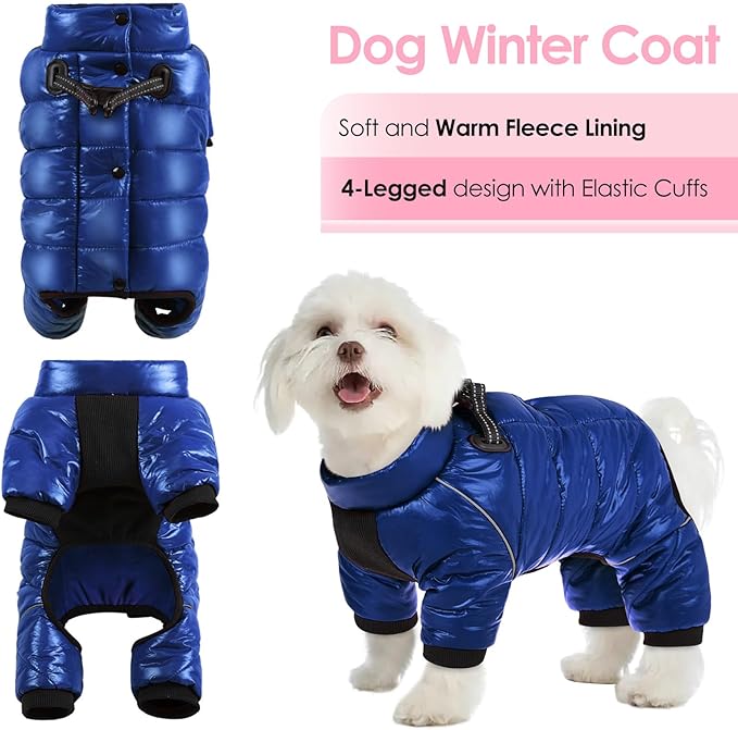 AOFITEE Dog Coat, Waterproof Dog Winter Jacket, Warm Fullbody Dogs Snowsuit, Winter Coat for Small Dogs, Zip Up Pet Puffer Jacket Fleece Vest, Outdoor Reflective Cold Weather Pet Coats, Blue L