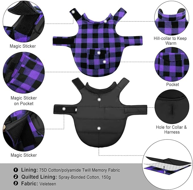 ASENKU Dog Jacket Plaid Reversible Reversible Dog Vest Waterproof Cold Winter Clothes Pet Apparel for Small Medium Large Dogs (L, Purple)