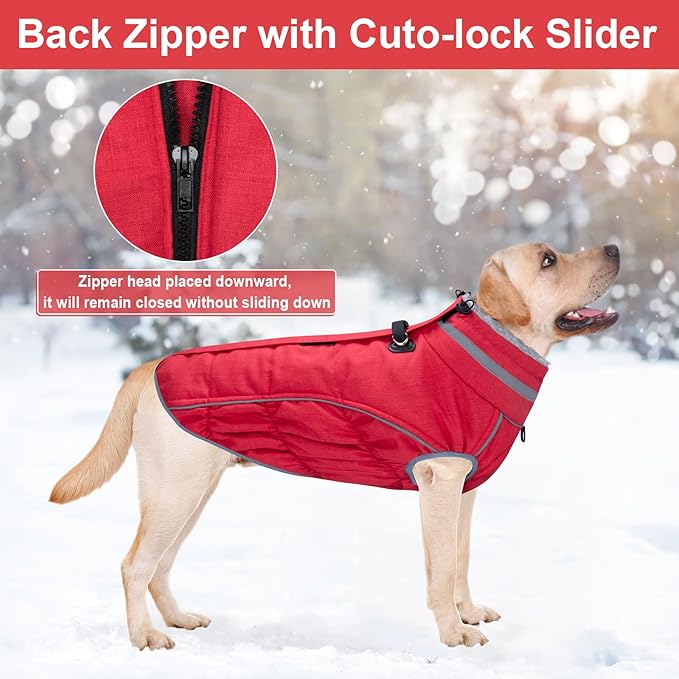 Malier Dog Coat, Reflective Dog Jacket Waterproof Windproof Puppy Cold Weather Coats with Harness Built in, Winter Extra Warm Pet Coat Fleece Vest for Small Large Pets and Puppy (Red, Small)