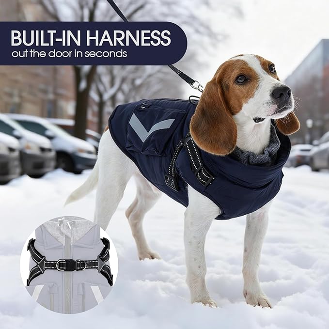FUAMEY Winter Coat for Dogs Fleece Lined, Extra Large Cozy Dog Jacket with Harness, Turtleneck Doggy Warm Clothes Cold Weather Snow Outfits Reflective Strips, Beagle, Corgi (Dark Blue, XL)