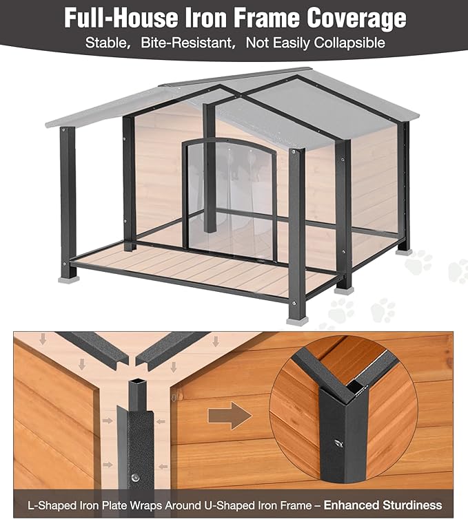 Extra Large Heated Dog House, Outdoor Dog House Insulated for Winter with Heating Pad, Weatherproof Wooden Dog Kennel with Porch, Sturdy Iron Frame & Openable Roof for Easy Cleaning (41.6" L)