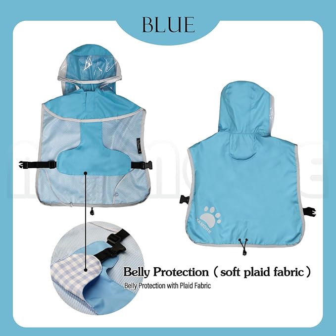MAMORE Dog Raincoat Hooded Rain Jacket for Small Medium Large Dogs Slicker Poncho Bottom Waterproof Adjustable Reflective Breathable Leash Hole (Blue, Small)