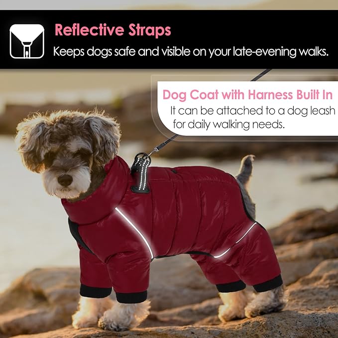 AOFITEE Dog Coat, Waterproof Dog Winter Jacket, Warm Fullbody Dogs Snowsuit, Winter Coat for Small Dogs, Zip Up Pet Puffer Jacket Fleece Vest, Outdoor Reflective Cold Weather Pet Coats, Christmas Red