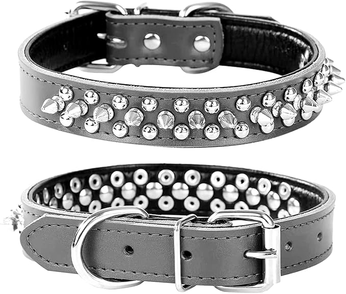 Adjustable Genuine Leather Spiked Studded Dog Collars for Small Medium Large Pets Like Pit Bull Bulldog Pugs Husky (L, Black)