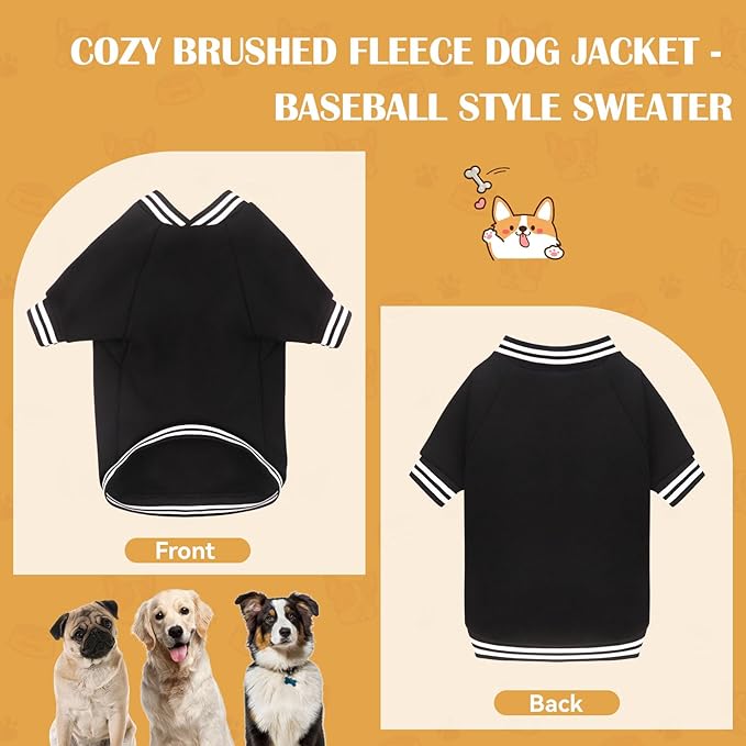 Dog Sweaters for Small Dogs, Brushed Fleece Dog Sweater Baseball Jacket Pet Clothes Soft Warm Sweatshirt Puppy Sweater Boy Girl Pet(Black-S)