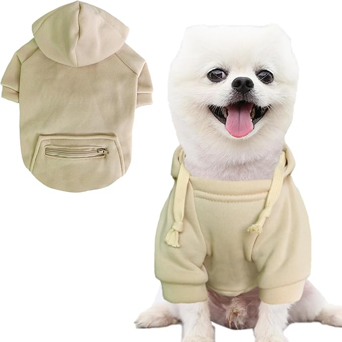 Jecikelon Pet Dog Cold Weather Coat with Pocket Winter Dog Hoodie Warm Puppy Clothes for Small Dogs Chihuahua Clothing (Beige, XX-Small)