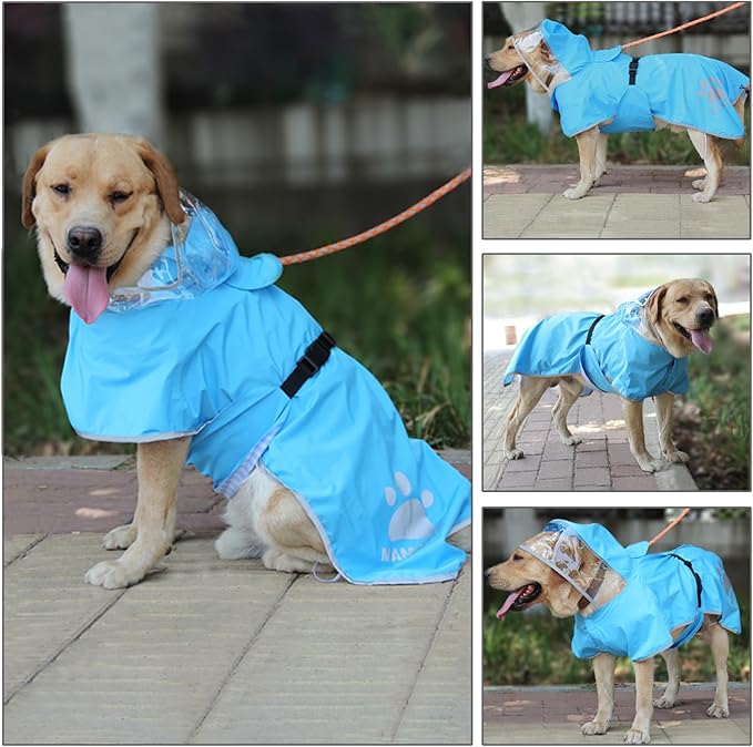 Waterproof Dog Raincoat, Reflective Adjustable Hooded Dog Rain Coat, Lightweight Breathable Pet Rain Jacket Poncho Double Layer with Leash Hole for Small Medium Large Dogs (Blue, X-Large)