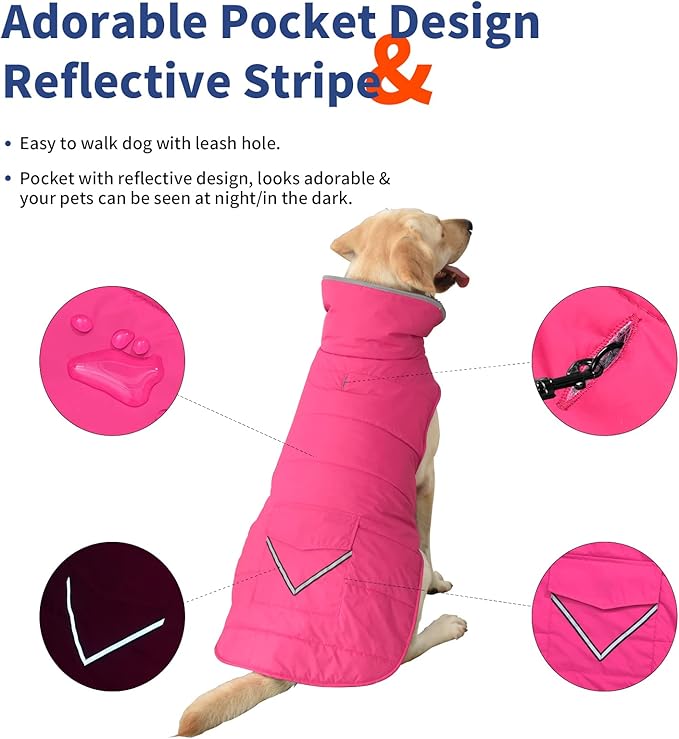 Dog Coat, Waterproof Dog Winter Jacket with Pocket, Reflective Adjustable Pet Snow Vest, Warm Cozy Fleece Sweater for Small Medium Extra Large Dogs - Pink, M