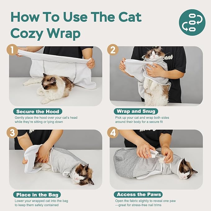 Self-Adhesive Cat Grooming Wrap, Cozy Cat Wrap for Cutting Nails, Breathable Anti-Scratch Cat Swaddle Bag for Brushing, Ear Cleaning, Dental Care, Medication, Injections,Grey L