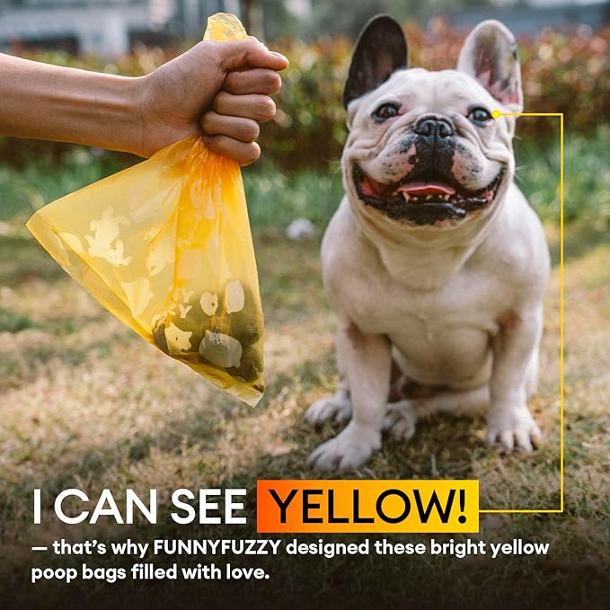 FUNNY FUZZY Dog Poop Bag Holder with Tear-Resistant, Leakproof Waste Bags Made with EPI Material – Easy to Use for Walks or Travel, Lemon Scented, 1 Dispenser + 120 Count