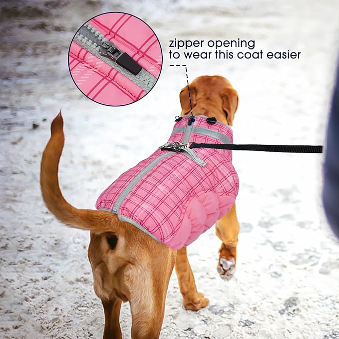 FUAMEY Dog Coat for Large Dogs,Waterproof Dog Winter Jacket with Harness Built in Puppy Cold Weather Coats Reflective Pet Vest with Zipper Warm Fleece Dogs Snowsuit Windproof Rose Plaid 3XL