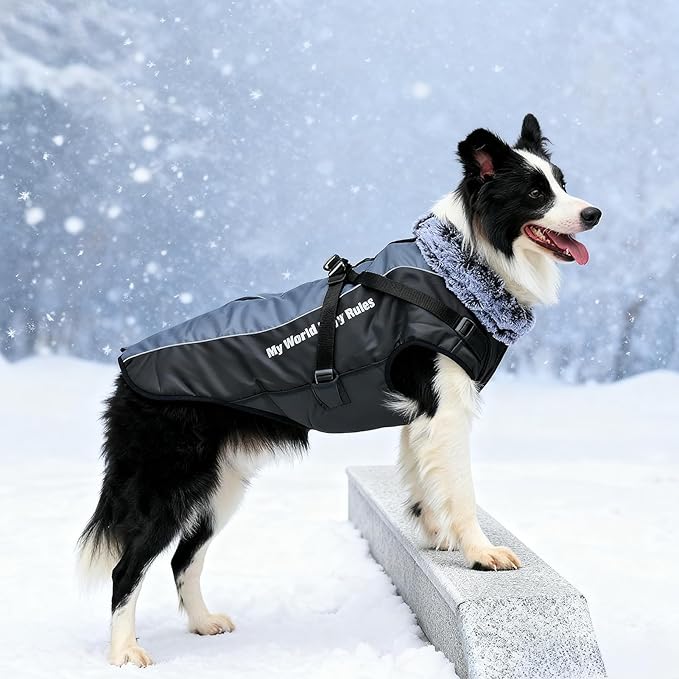 Dog Coat for Medium Large Dogs,Waterproof Reflective Dog Winter Jacket with Harness, Fleece Snowsuit,Warm Pet Winter Coat(grey-4XL)