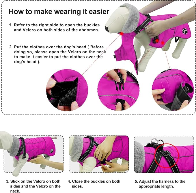 Doglay Dog Coat with Harness, Reflective Warm Dog Jacket Waterproof Puppy Winter Coat for Cold Weather, Adjustable Fleece Jacket for Small Medium Large Dogs
