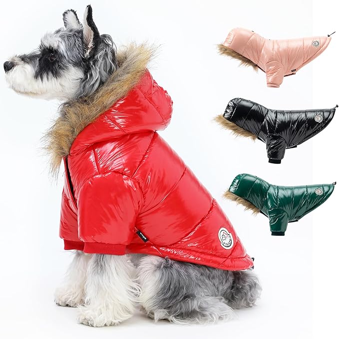 PINA Dog Winter Coat with Large Faux Fur Hood, Windproof and Warm, Suitable for Small to Large Dogs, Red, XL