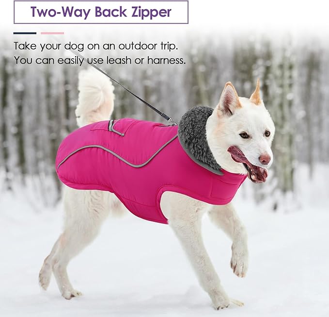 SUNFURA Large Dog Coat, Warm Dog Winter Coat Jacket with Thick Furry Collar, Adjustable Pet Fleece Jacket Turtleneck Snowsuit for Large Dogs for Chilly Day, Hot Pink XL