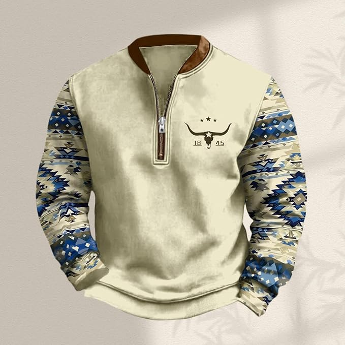 HOTYD Aztec Cowboy Jacket Men Vintage Bullhorn Printed Oversized Western Sweatshirt Long Sleeve Quarter Zip Pullover