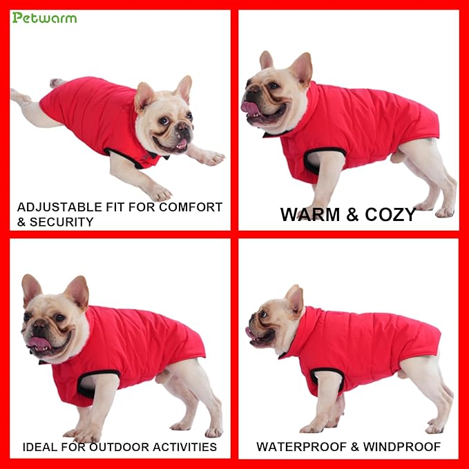 PetWarm Reversible Dog Winter Coat, Windproof Dog Puffer Vest, Soft Vest for Dogs with Hook-and-Loop Strap for Easy Dressing, Waterproof Coat for Dogs with Adjustable Fit, Red, M