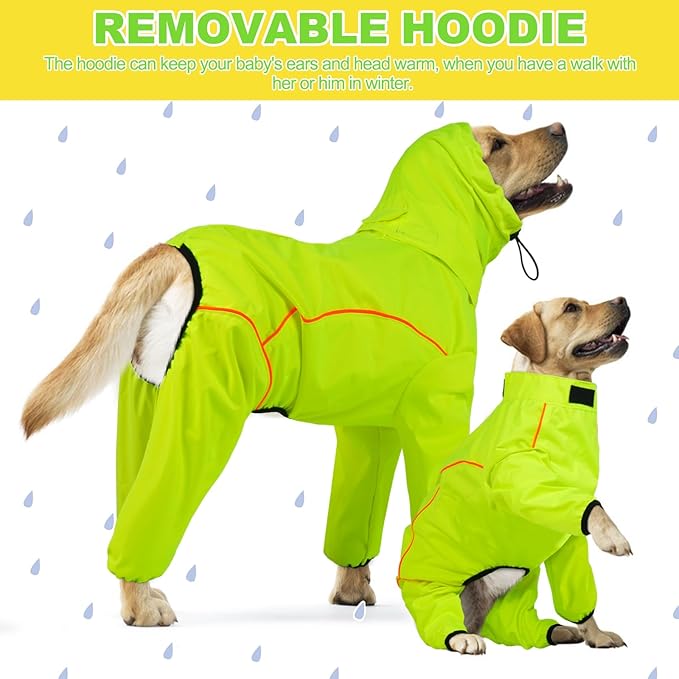Dog Raincoat, Waterproof Dog Rain Jacket with Removable Hood，Adjustable 4 Legs Pet Poncho with Leash Hole，Reflective Stripe Hooded Snowproof Windproof Clothes for Small to 3X-Large Dogs, M