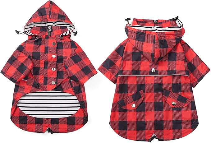 Dog rain Coat Waterproof Raincoat Puppy Jacket with Legs Buttons Zipper Hood Drawstring Fit for Yorkie Terrier Schnauzer Poodle Border Collie Labrador Golden Retriever 8lbs to 80lbs Red S