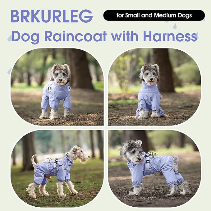 BRKURLEG Dog Raincoat for Small Dogs, Small Dog Rain Jacket with Harness Built in, Waterproof 4 Legs Puppy Raincoats, Puppy Outdoor Jacket with Reflective Strip, Purple, XXL