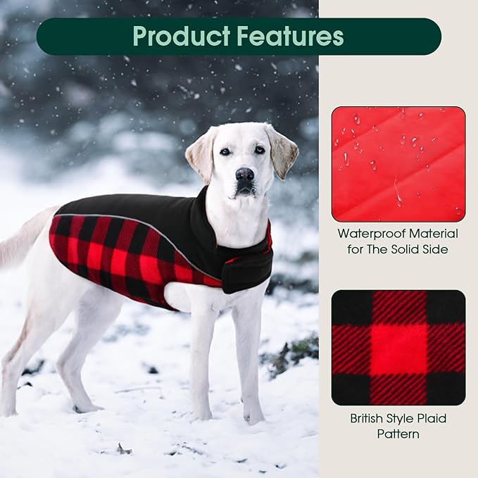 Kuoser Dog Winter Coat, Reversible Waterproof Dog Jacket with Reflective Strip, Warm Dogs Fleece Vest Adjustable Doggy Cold Weather Clothes Plaid Christmas Outfit Pet Apparel for Medium Dogs, Red M