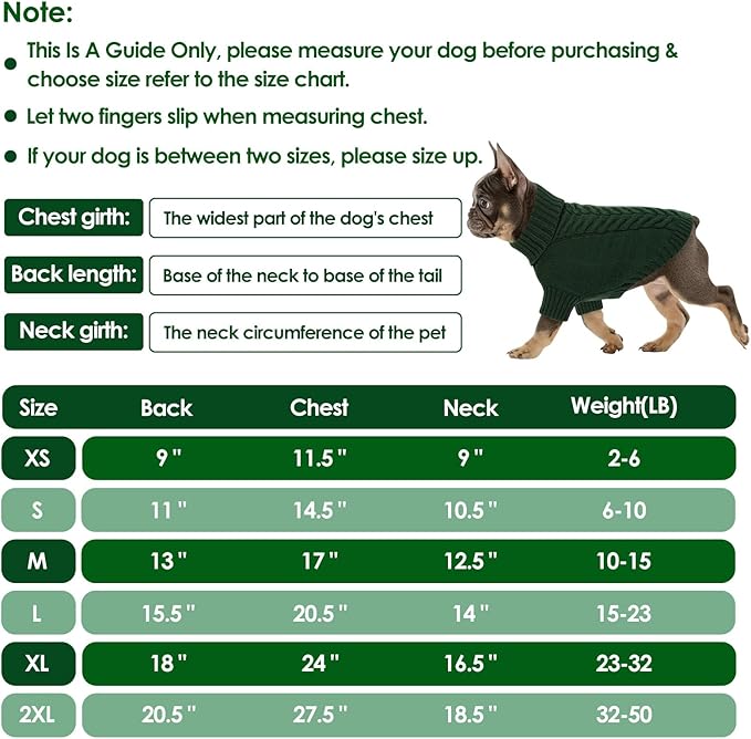 Dog Sweaters for Large Dogs Classic Turtleneck Dog Christmas Sweater Thick Warm Pullover Male Puppy Pet Stretch Knitwear Fall Winter Clothes with Leash Hole(Green, XL)