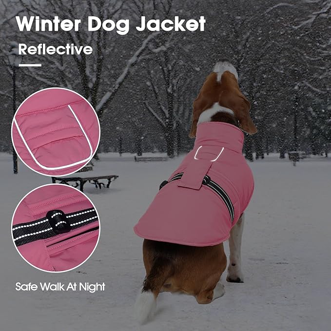 IECOii Winter Dog Coat - Reflective, Adjustable & Windproof Winter Jackets with Quick-Release Buckles, Lightweight & Soft & Warm Fleece Lined Vest for Daily Walks, Waterproof, Pink, Size 4XL