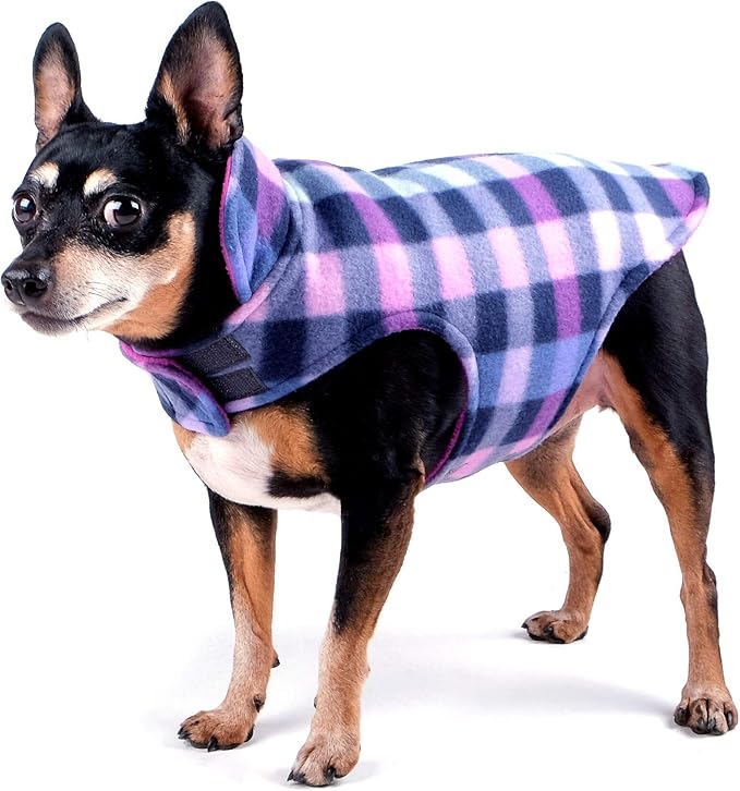 The Worthy Dog Fargo Fleece Check Dog Jacket, Adjustable Reversible with Harness Hole, Wind-Resistant, Winter Outdoor Clothes for Pets, Purple - 28''