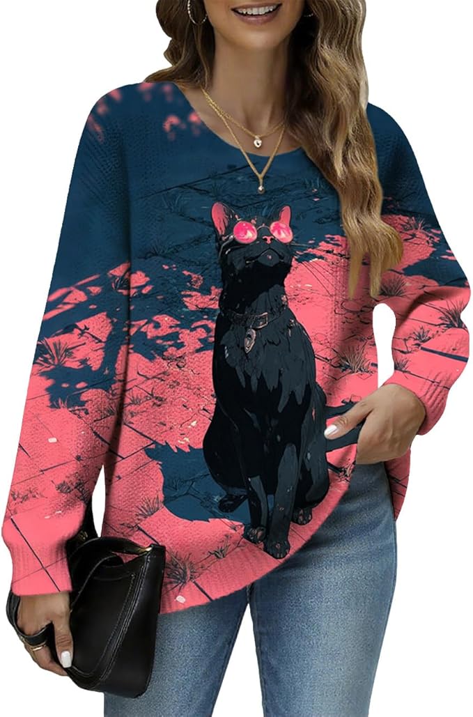 Women's Cat Printed Sweater Oversized Cable Knit Long Sleeve Christmas Clothes Casual Autumn Winter Fashion Tops