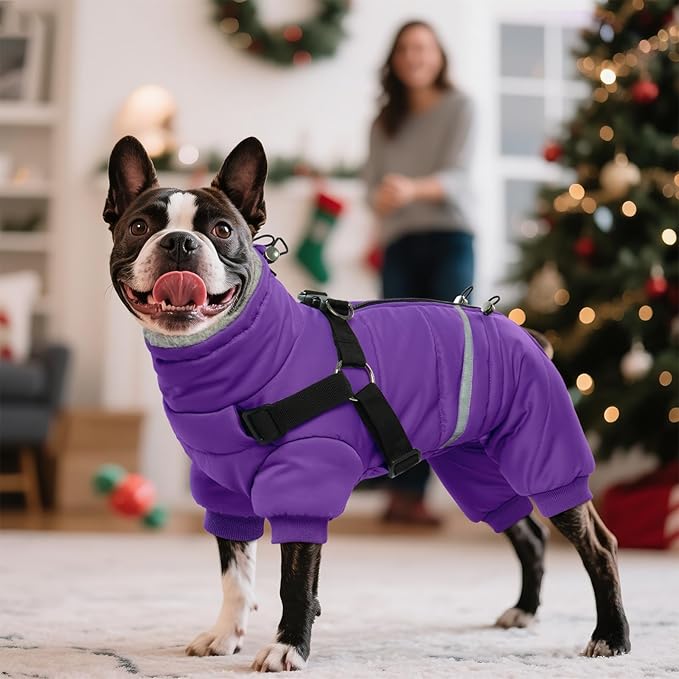 BRKURLEG Purple Dog Coat with Harness, Dog Winter Jacket, Dogs Onesie Body Warm Jackets, Small Dogs Winter Coats Reflective Windproof Warm Cold Weather Coats, Pet Waterproof Jackets, S