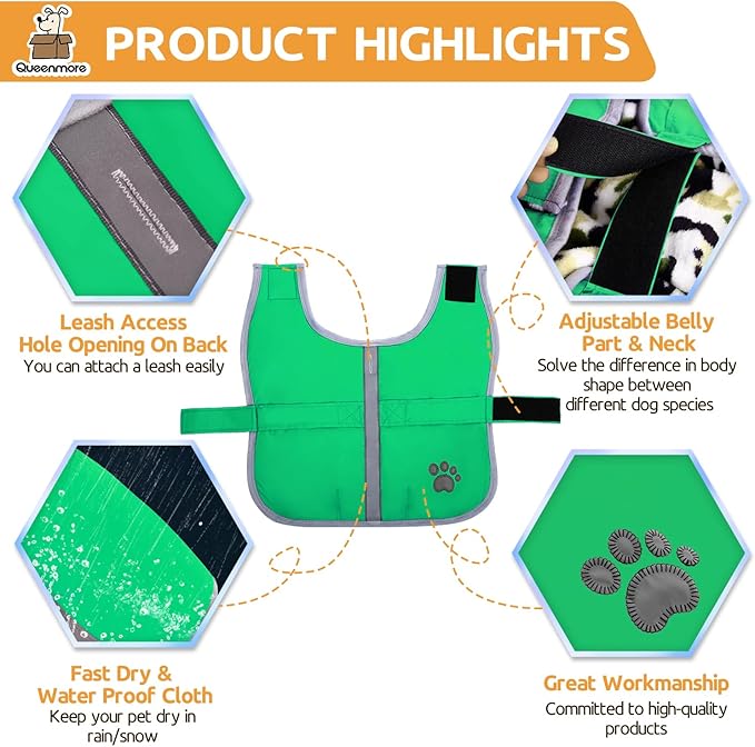 Queenmore Dog Winter Coat, Cold Weather Fleece Jacket for Dogs, Waterproof Reflective Reversible, for Small, Medium and Large Dogs (Green, XL)