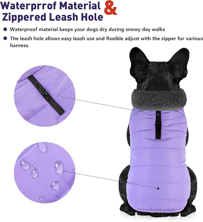 Dog Winter Coat, Waterproof Dog Jacket with Leash Hole, Reflective Adjustable Pet Snow Vest, Warm Fleece Sweater for Small Medium Large Dogs - Light Purple, L