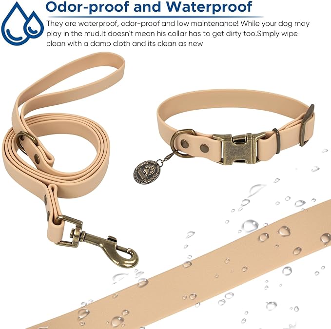 Wisedog Dog Collar and Leash Set, Waterproof Adjustable Puppy Collars with Cute Tag 6FT Dog Leash with Poop Bag for Small Medium Large Dogs (L, Sand Color)
