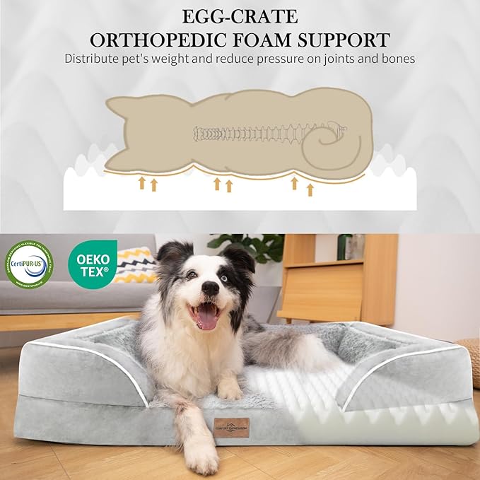 Comfort Expression Orthopedic Dog Bed for Extra Large Dogs 42x30 Inch, Waterproof Egg Crate Foam XL Pet Bed with Removable Bolsters, Dog Couch with Washable Cover & Non-Slip Bottom, Grey White