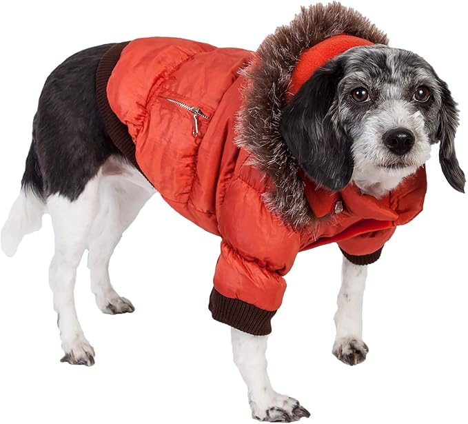 PET LIFE Classic Metallic Fashion Pet Dog Coat Jacket Parka w/ 3M Insulation and Removable Hood, Small, Metallic Orange