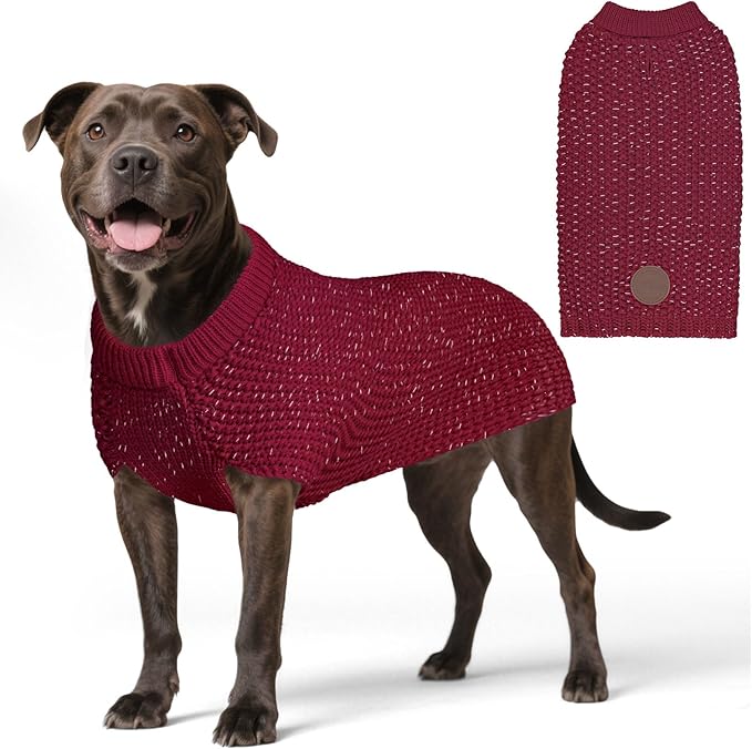 KYEESE Dog Sweater with Leash Hole Comfy Pullover Sweater Medium Size Male with Reflective Yarn Warm Pet Coats Stretchy Cozy Lightweight Thick Knitwear Dog Clothes,Dark Red, X-Large