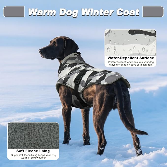 DENTRUN Medium Dog Winter Jacket - Warm Reflective Windproof Coat, Adjustable Neck & Snap Closure, Water Repellent Thick Fleece Vest, Fleece Lined for Beagle Pug, White Camo, M