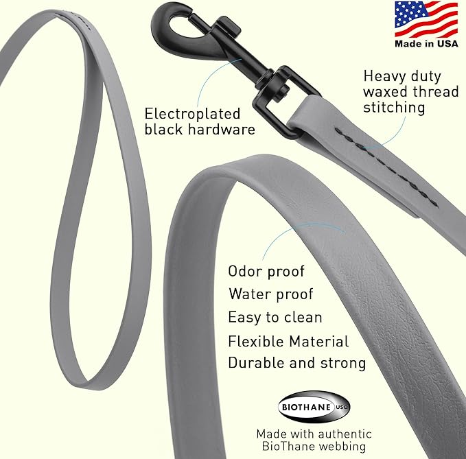 Dogline Biothane Waterproof Dog Leash Strong Coated Nylon Webbing with Black Hardware Odor-Proof Easy to Clean High Performance for Small or Large Dogs Made in USA 4 or 6 ft Lead, Battleship Gray