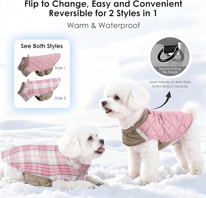 Quilted Dog Winter Coat, Plaid Lined Reversible Vest, Reflective Safety Strip, Cold Weather Pet Apparel Pink XS