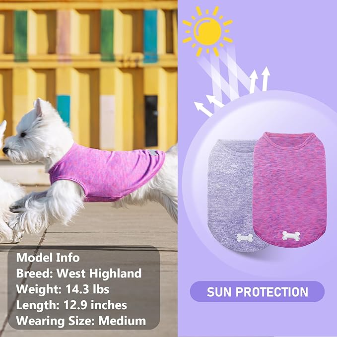KYEESE 2 Pack Dog Shirts Quick Dry Soft Stretchy Pet T-Shirts with Reflective Label Tank Top Sleeveless Sun Protection Vest Dog Clothes for Small Medium Dogs, Medium, Purple+Pink