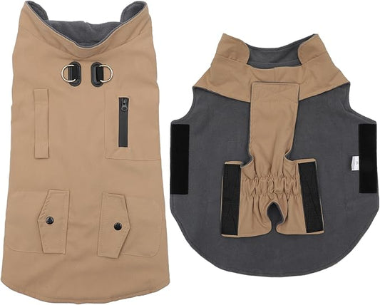 Workwear Style Dog Coats with Harness Built in for Small Dogs Windproof Warm Puppy Jacket with Storage Pockets for Cold Winter,LightBeige M