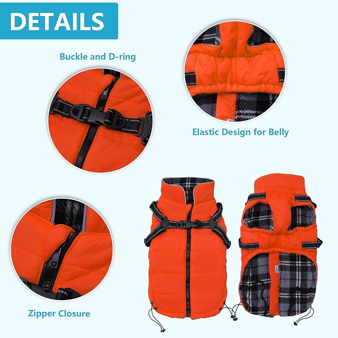 Geyecete Winter Warm Coat Waterproof Dog Jacket with Harness Traction Belt,Pet Outdoor Jacket for Medium, Small Dogs - Orange, XXL