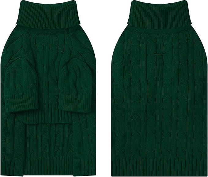 Small Dog Thermal Pullover Sweater, Classic Turtleneck Cable Knitwear Dog Clothes for Cold Weather Warm Pet Clothes for Chihuahua, Bulldog, Dachshund, Pug Green Small