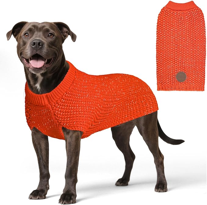 KYEESE Dog Sweater with Leash Hole Comfy Pullover Sweater Medium Size Male with Reflective Yarn Warm Pet Coats Stretchy Cozy Lightweight Thick Knitwear Dog Clothes,Orange, X-Large